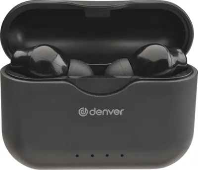 A pair of black wireless earbuds in an open black charging case.