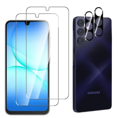 A product shot showing a smartphone screen protector and a camera lens protector next to a smartphone.