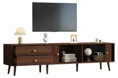 Obrázok produktu pre TV komoda – 180 x 40 x 46,5 cm – orechová farba – MDF – 2 zásuvky – 2 posuvné dvierka – Vhodná pre televízory do veľkosti 203 cm