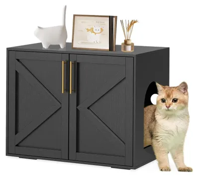 Image de Meuble Katzenklo – Armoire en bois pour litière de chat – Double compartiment – Porte coulissante de style rustique – Table d'appoint – Noir