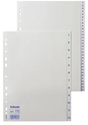 Produktbild von Esselte Kunststoff-Register, Zahlen, A4, 1-12, weiß Universallochung, Maße: (B)225 x (T)2 x (H)297