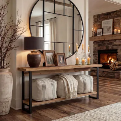 Produktbild von Massiver Konsolentisch aus Baumkante Eingangsbereich, schmaler, 160 cm langer Sofatisch Landhausstil, robuste Metallbeine,für Foyer, Eingangsbereich