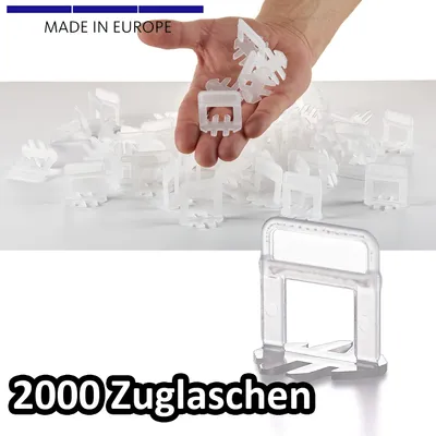 Produktbild von Beorol Fliesen Nivelliersystem, 2mm Fugenbreite, 2000 Laschen, wiederverwendbare Keile, für alle Formate und Plattenstärken, Naturstein geeignet, mit Sollbruchstelle