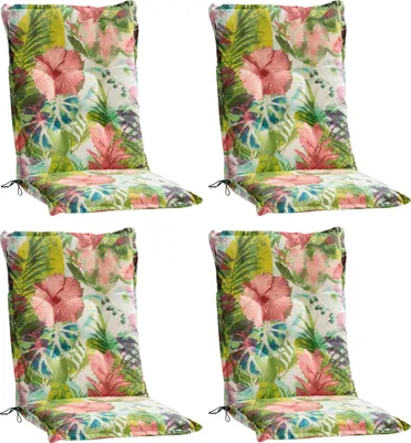 Four chair cushions with a tropical floral pattern are arranged in a grid on a white background.
