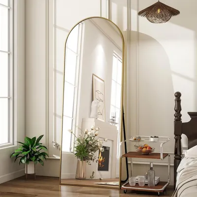 Image de Miroir de pleine longueur, 142x52 cm, forme en arc, miroir sur pied, miroir mural, verre HD, finition dorée