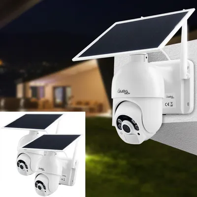 Produktbild von 2er-Set Smarte Überwachungskamera, Solar / kabellos, Pan-Tilt, FullHD, Solar Panel, PIR Sensor, Aussen, Nachtsicht, 2-Wege-Audio/ Video, IP66, weiss