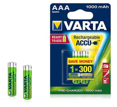 A blister pack of Varta AAA rechargeable batteries, with two loose batteries shown to the left.