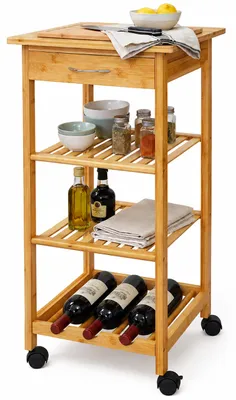 Produktbild von Relaxdays Küchenwagen, Bambus, 4 Ebenen, Flaschenhalter, Gewürze & Vorräte, HBT: 85x39x39 cm, schmaler Rollwagen, natur