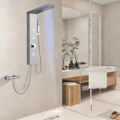 Produktbild von Duschpaneel ohne Armatur, LED Duschpaneel mit Regendusche, Massagedüsen, Handbraus,Wasserfall,304 Edelstahl Duschpaneel ohne Thermostat,Gebürstet