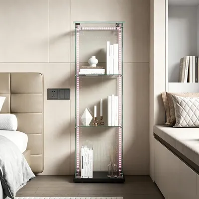Immagine prodotto di INONEFT: Vetrina espositiva in vetro con illuminazione a LED e ante in vetro, mobiletto vetrina con 3 ripiani in vetro, vetrina espositiva in vetro, colore nero, dimensioni 123,3 x 39,8 x 35 cm