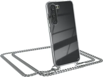 Produktbild von EAZY CASE Metall Handykette für Samsung Galaxy S23, Handyhülle mit Umhängeband, Silikonhülle, Metallkette für Smartphone in Silber