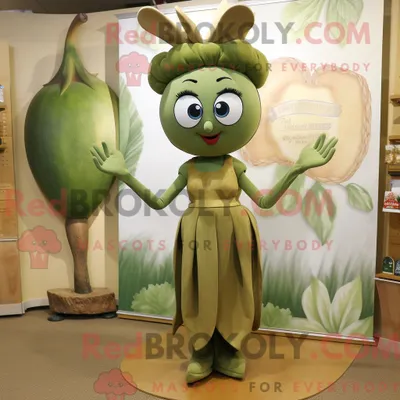 Produktbild von Maskottchenfigur REDBROKOLY einer Olivenkönigin mit Wickelkleid und Krawattennadeln