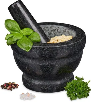Produktbild von Famanu Granitmörser und Stößel, Ø 14 cm, polierte Schale für Kräuter, Gewürze und Saucen