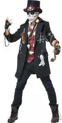 A person wearing a voodoo skeleton costume.