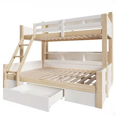 Produktbild von Flieks Etagenbett 90x200cm/140x200cm mit Rausfallschutz, Hochbett mit Leiter, Kinderbett Doppelbett mit Schublade und Regal, Naturbelassen