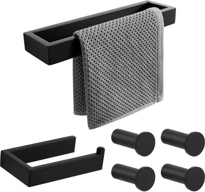Immagine prodotto di Set di accessori da bagno nero opaco Ibbenzoa® in acciaio inossidabile: porta asciugamani 260×70×30 mm, porta rotolo carta igienica 150×85×40 mm, 4 ganci da 45×24 mm