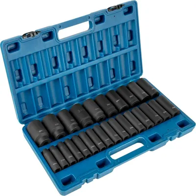 Image de Jeu de douilles à choc, 1/2 po, 26 pièces, douilles profondes, douilles à 6 pans, jeu de douilles à entraînement 1/2 po, métriques 10 mm - 36 mm, construction robuste en Cr-V, avec cage de rangement