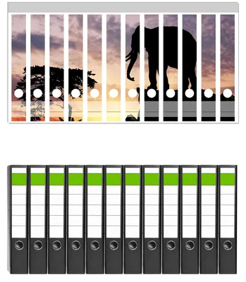 Produktbild von Wallario 12 Stück schmale Ordner inkl. Klebeetiketten mit Motive Elefant vor Abendhimmel -  Set mit Rückenschildern / Ordnerrücken Stickern
