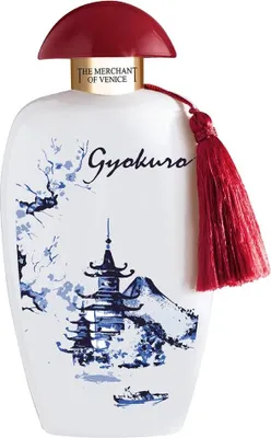 A perfume bottle with Japanese-inspired artwork.