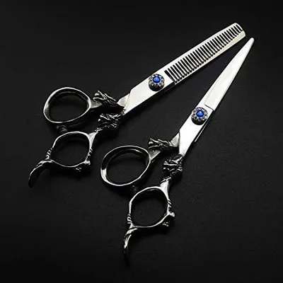Produktbild von Haarschneideschere und Effilierschere, 6 Zoll, professionell, aus japanischem 440c-Edelstahl, mit Edelstein-Drachengriff, als Friseurscheren-Set