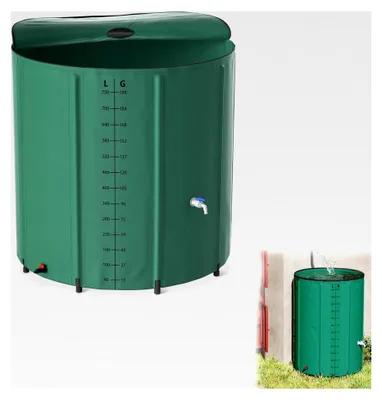 Produktbild von 750 Liter faltbare Regentonne für Regenwasser UV-stabil & witterungsbeständig mit Überlaufschutz & seitlicher Skala kompakt für Garten, Balkon, Camping Grün