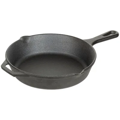 A cast iron frying pan on a white background.