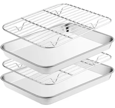 Produktbild von Edelstahl Backblech mit Abkühlgitter(2 Backblech+2 Abkühlgitter), 23,5x17,5x2,5cm, Backform Rechteckig Ofenblech mit Kuchengitter Set, ungiftig & leicht zu reinigen
