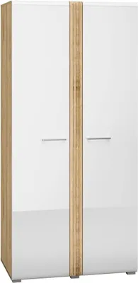 Produktbild von Kleiderschrank Garderobenschrank mit 2 Kleiderstangen AKRON-131 Castello Eiche Nb. mit Fronten in weiß Hochglanz, B/H/T: ca. 92/196/56 cm