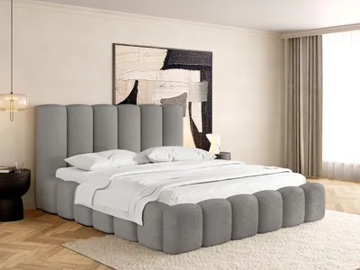 Produktbild von Polsterbett 180x200 mit Bettkasten und Lattenrost – Grau Bett mit hohem Kopfteil, Boucle oder Samt Stoff - Modernes Doppelbett mit Stauraum – Bettgestell, ohne Matratze – Serenity - Grau