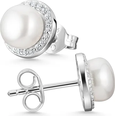 Produktbild von MATERIA Perlenohrringe Stecker Silber 925 - runde Ohrstecker Perle weiß Braut Schmuck mit Zirkonia SO-444