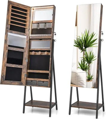 Produktbild von COSTWAY Schmuckschrank mit Spiegel, Schmuck Spiegelschrank mit 3-farbigen LED Beleuchtung, abschließbar, Extra Ablage, 41,5 x 37 x 157 cm (Rustikales Braun)