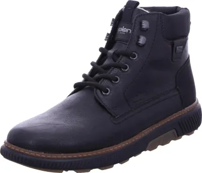 A black leather boot on a white background.