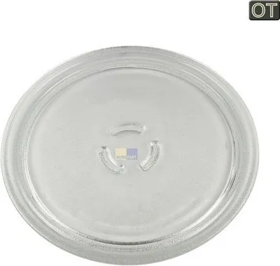 A clear glass turntable for a microwave.
