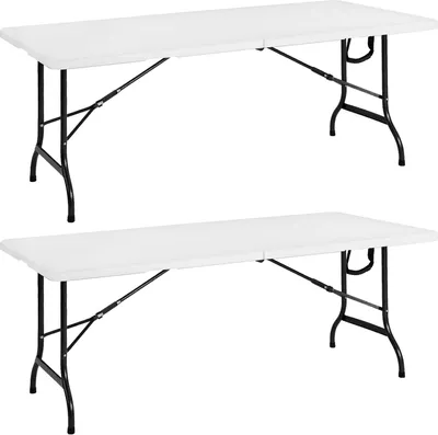 Two white folding tables with black legs are shown against a white background.