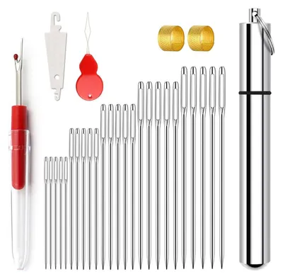Productafbeelding van Naalden set, groot oog, 25 stuks, 5 maten, met opbergbuis, vingerhoed, draadnijper en naaigarens