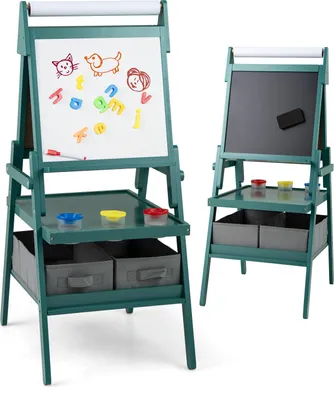 Produktbild von DREAMADE Staffelei für Kinder, doppelseitige Malstation mit magnetischem Whiteboard, Kreidetafel, Papierrolle, Ablagefächern, für 3–10-Jährige