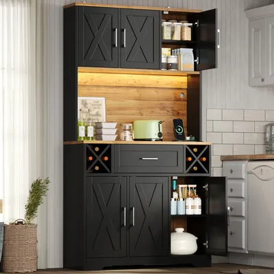 Productafbeelding van MODFU Keukenkast met werkblad, hoge kast 105 x 40 x 180 cm, buffetkast met schuifdeuren, multifunctionele kast met LED-vitrine en stopcontact, zwart