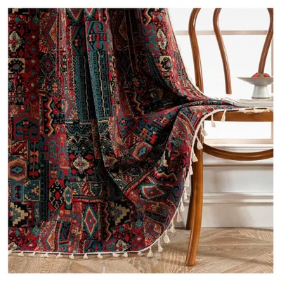 Produktbild von Boho-Vorhänge im Ethno-Stil, Vintage, rustikal, Shabby-geometrisch, bunte Raumverdunkelung für Schlafzimmer und Wohnzimmer, mit Quasten, 150 x 180 cm