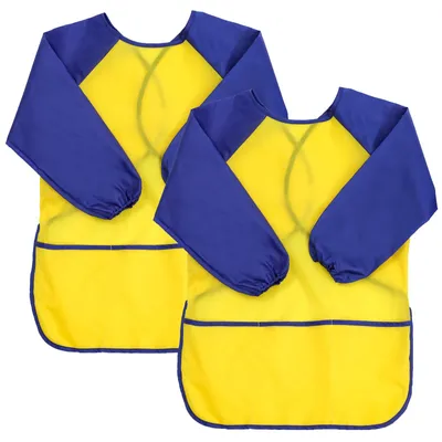 Imagen del producto de Delantal impermeable para niños, talla M, color amarillo, mangas largas, 3 bolsillos, ideal para manualidades