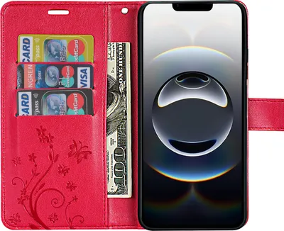 A red flip-style phone case with card slots and a phone inserted.