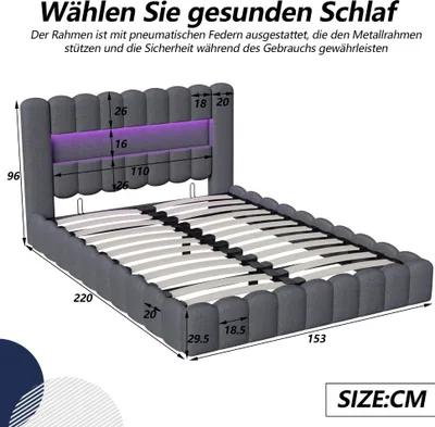 Image de Lit coffre avec espace de rangement - Lit double 140x200 cm - Système de levage hydraulique - Port USB - Éclairage LED - Tissu en lin gris