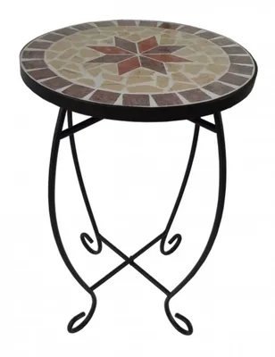 A mosaic-topped round side table with a black metal stand.