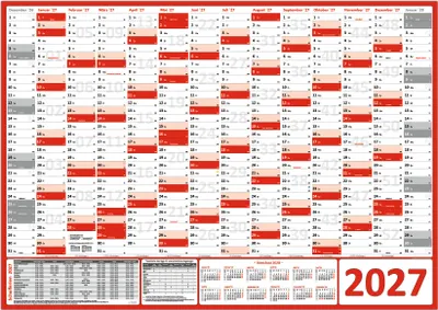 Produktbild von XXL Wandkalender Wandplaner 2027 rot (gerollt) DIN A0 Format (841 x 1189 mm) 14 Monate, komplette Jahresvorschau Folgejahr und Ferientermine Feiertage aller Bundesländer