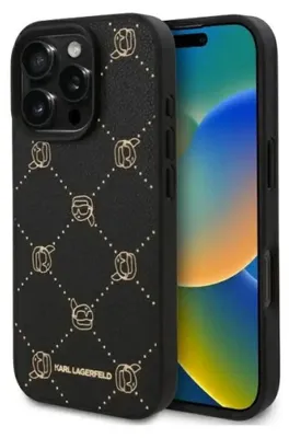 A black iPhone case with a Karl Lagerfeld Karl Head pattern is shown next to an iPhone.