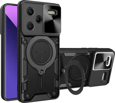 Produktbild von Handyhülle für Xiaomi Redmi Note 13 Pro+ 5G Dual-Layer Stoßfest Rüstung Hülle mit Dia Kameraschutz und Kreisförmig Ring Ständer Schwarz