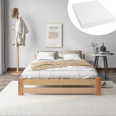 Imagen del producto de Cama de madera maciza de 140x200 cm, fabricada en pino, con cabecero y somier. Cama tipo futón en color natural, con colchón, ideal para dormitorios y habitaciones de invitados