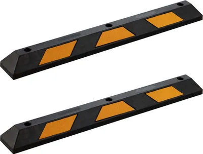 Produktbild von Wiltec Radstopper 120 x 15 x 10 cm, 2x Einparkhilfe aus Gummi, Parkplatzbegrenzung mit gelben Reflexionsstreifen & Schraubrillen, Parkplatzsperre für Garage