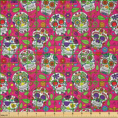 Produktbild von ABAKUHAUS Zuckerschädel Microfaser Stoff als Meterware , Allerheiligen religiöser mexikanischer Blumen Herz verschiedener Entwurfs Druck, 10 M (230 x 1000 cm), Pink Lila Grün