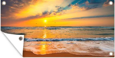 Produktbild von MuchoWow® 60x30 cm Outdoor-Poster Gartendeko Sichtschutz Garten Poster für den Garten  Sonnenuntergang - Strand - Meer - Wolken - Orange