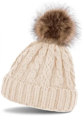 Produktbild von styleBREAKER Zopfmuster Bommelmütze, Strickmütze mit Fellbommel, Winter Beanie Mütze, Uni 04024064
